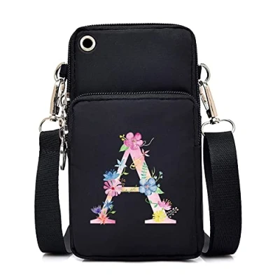 Image of FINDING CASE initial letter Printed Women Girls men Zipper Waterproof Nylon 3 Layers Crossbody Bags Wallet Cellphone Purse Shoulder Bag Wristlet Handbags Adjustable Strap (pink A)