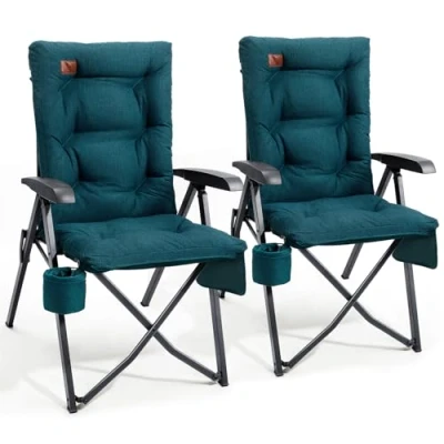 Image of EVER ADVANCED Luxury Camping Chairs 2 Set for Adults Heavy Duty High Back Oversized Folding Garden Chair Comfy Padded 6cm Loadable 150kg Cam Adjustable Dining 4 Position Recliner Green
