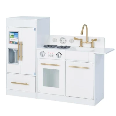 Image of Teamson Kids Little Chef Charlotte Modern Modular Interactive Wooden Play Kitchen with Refrigerator, Stove and Sink in White Gold Finishes