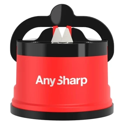 Image of AnySharp Knife Sharpener, Hands Free Safety, PowerGrip Suction, Safely Sharpens All Kitchen Knives, Ideal for Hardened Steel &amp; Serrated, World&#039;s Best, Compact, One Size, Red