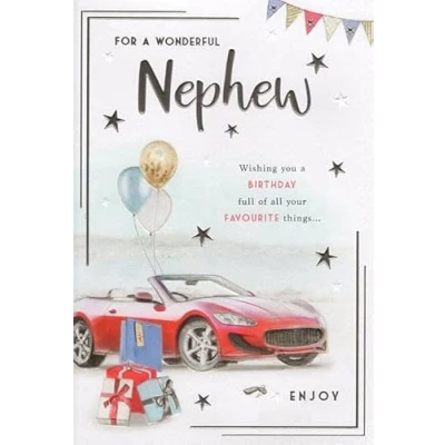 Image of ICG Wonderful Nephew Birthday Card Red Car Balloons Happy Banner