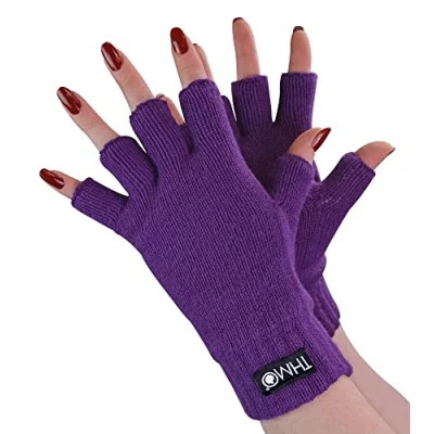 Image of THMO Ladies Thermal Fingerless Gloves Winter Fleece Lined Soft Thinsulate for Women (One Size, Purple)