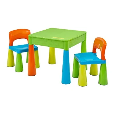 Image of Liberty House Toys Plastic Multi Coloured Children&#039;s 5 in 1 Activity Table and Chairs Set for Construction, Writing, Storage &amp; Sand Water Play, Ideal Size, H465 x W510 D530mm