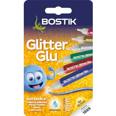 Image of Bostik Glitter Glue Pens for Arts and Crafts, Easy to Use, Less Mess, Washable, Solvent Free, UKCA CE Approved, 6 Coloured