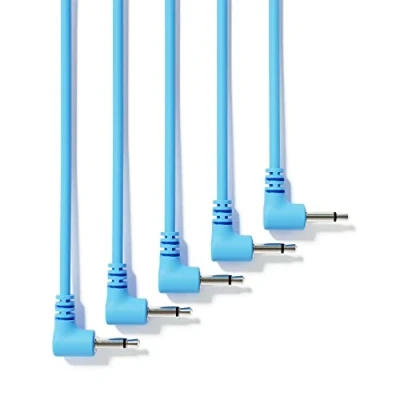 Image of ExcelValley 5 Pack Right Angle Mono Modular Patch Cables 3.5mm 1/8&quot; Eurorack Synthesizer [Blue 10 cm 4&quot;]