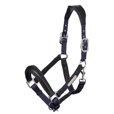 Image of LeMieux Capella Headcollar for Horses Navy Leather/Nylon Pressure Relief &amp; Soft Touch Pony