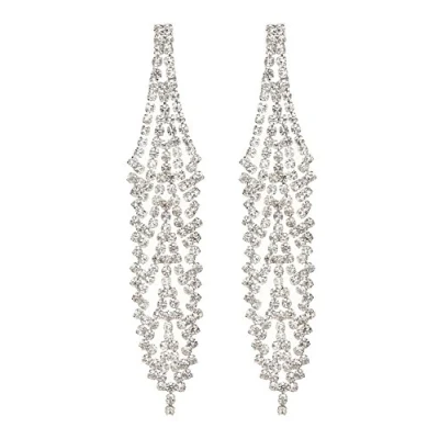 Image of Clip On Earrings Silver Plated Chandelier Style With Clear Crystals Carew S