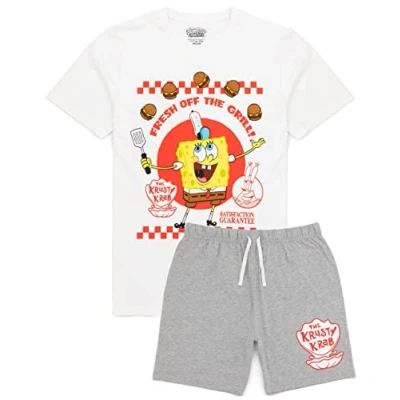 Image of SPONGEBOB SQUAREPANTS Mens Pyjamas Krusty Krab Burger Character White T Shirt Grey Shorts Pjs TV Show Merchandise