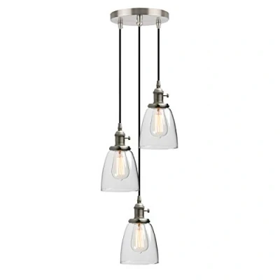 Image of Phansthy Retro Industrial Pendant Lights with Clear Glass Shade, E27 Edison Kitchen Light Fixture 3 Chandelier Flush Mount Ceiling Hanging Lamps for Living Room Dining (Brushed)