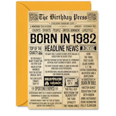 Image of 43rd Birthday Card for Men Women Bday Press Newspaper 1982 Happy 43 Cards Daughter Husband Auntie Brother Uncle Colleague, A5 Greeting