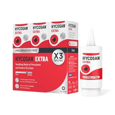 Image of Hycosan Extra Triple Pack Eye Drops with Hyaluronic Acid for Soothing Relief of Severe and Persistent Dry Eyes Contact Lens Compatible Preservative Free 3 x 225 Measured Doses