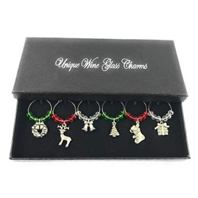 Image of Libby&#039;s Market Place Set of 6 It&#039;s Christmas Wine Glass Charms with Gift Box
