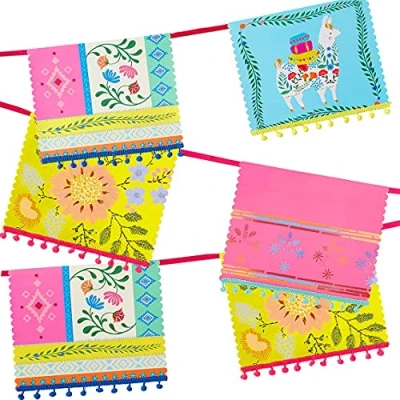 Image of Talking Tables Bohemian Llama Paper Bunting Pom Tassels (4m) Colourful Mexican Party Supplies for Birthday Celebration, Encanto Decorations, Garden Fiesta, Boho Garland 4 MTR, 2.5x26.5x24.5 cm