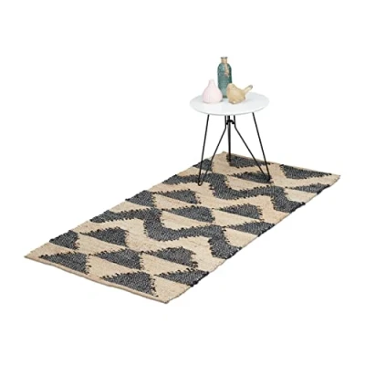 Image of Relaxdays Boho Runner Rug, Jute, Non Slip, Hand Woven, for Hallway, Kitchen, Zigzag Pattern, 70 x 140 cm. Black/Beige, 170 cm