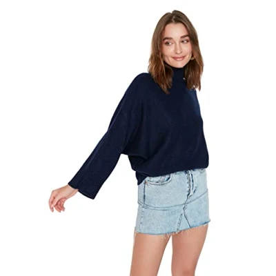 Image of Trendyol Women Oversize Basic Standing Collar Knitwear Sweater Navy Blue