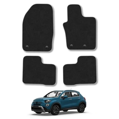 Image of Car Mats Compatible with Fiat 500x (2016+) Tailored Fit Grey Trimmed Carpet Floor Mat Set Accessory Black Custom Fitted 4 Pieces Clips Anti Slip Backing &amp; Trim Edging