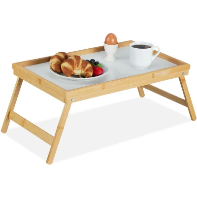 Image of Relaxdays Bamboo Wooden Breakfast in Bed Tray, Serving Tray With Folding Legs w/ Plastic Surface, Natural Brown