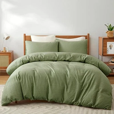 Image of COASTLINE Stylish Ruched crinkle Square Allover White Quilt duvet cover with pillow case bedding set,Single/Double/King/Superking (Olive green, Superking)