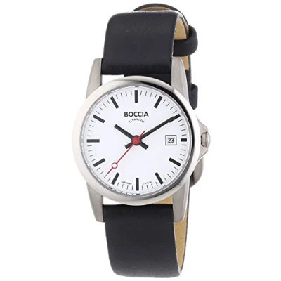Image of Boccia Ladies Quartz Watch with White Dial Analogue Display and Black Leather Strap B3080 07