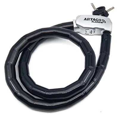 Image of Artago ART6120 Hi End Python Cable Lock with or Without Alarm 120dB, Armored Articulated Steel Cable, 120cm/3,9ft, Flexible, ON Button, Warning Function, Anti Theft for Motorcycle Bicycle Scooter
