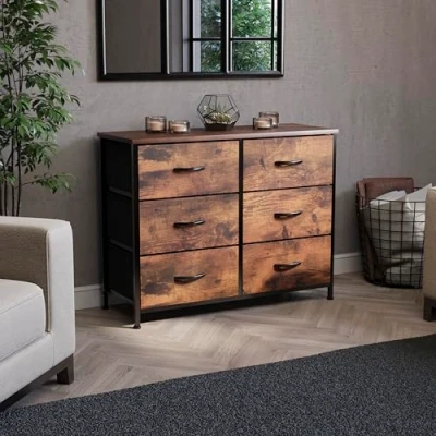 Image of Vida Designs Chorley Chest of Drawers with Sturdy Metal Frame, Wood Top, and Fabric Drawers, Easy to Assemble Versatile Storage Unit for Bedroom, Living Room, or Nursery (Rustic Brown, 6 Drawer)