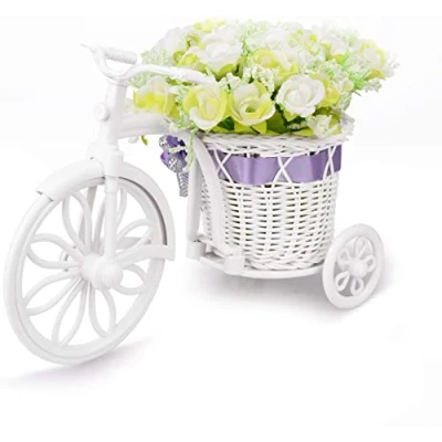 Image of Takefuns Artificial Flower Pot Antique Bike with Basket for Home Wedding Decor, Plastic, Green/White, Small
