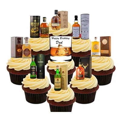 Image of Made4You Happy Birthday Dad, Whisky Lover Party Pack, Edible Cake Decorations Stand up Wafer Cupcake Toppers (Pack of 36)
