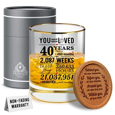 Image of Kies CROWNLY Crystal® 40th Birthday Gifts for Men and Women Personalised Whiskey Glass Decoration Uncle Gift Dad Grandad Crystal
