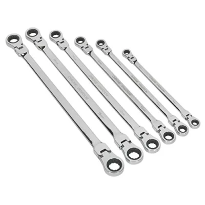 Image of Sealey Premier Flexi Head Double End Ratchet Ring Spanner Set 6pc Extra Long Metric