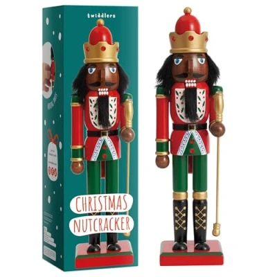 Image of THE TWIDDLERS Wooden Nutcracker Soldier King, 30cm / 12&quot; in Red &amp; Green Festive Colours Premium Handmade Pine Wood Classic Traditional Ornament, Xmas Decoration With Moving Parts
