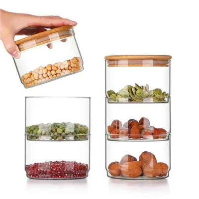 Image of Rindow Stackable Glass Storage Jars,3 Tier Clear Canisters with Lids Kitchen Jars Food for Tea Coffee Sugar Cereal Pices Snacks (Round 3 Tier)