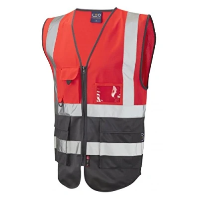 Image of Leo Workwear Lynton Multiple Colour Hi Vis Class 2 Multi pocket Superior Waistcoat, XL, Red Grey
