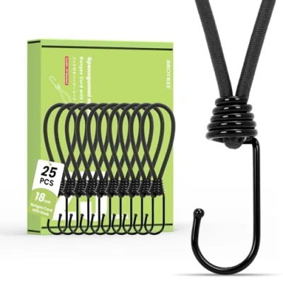 Image of Brotree Bungee Cords with Hooks 25 Pack 18cm Small Rope for Tarpaulins, Tents, Tarp and Fixing Black