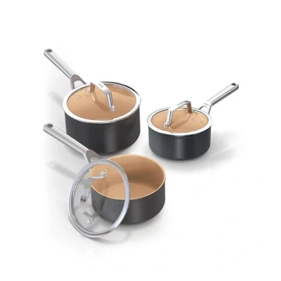 Image of Ninja Extended Life 3 Piece Ceramic Saucepan Set (16, 18 &amp; 20cm Saucepans with Lids) Non Stick (No PFAs, PFOAs, Lead or Cadmium), Induction Compatible, Oven Safe to 285C, Terracotta Grey, CW93000UK