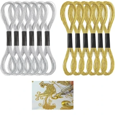 Image of 12pcs Skeins Glitter Embroidery Floss Metallic Thread Sewing Cross Stitch Threads Gold and Silver Polyester Thread, Friendship Bracelets for DIY Crafts