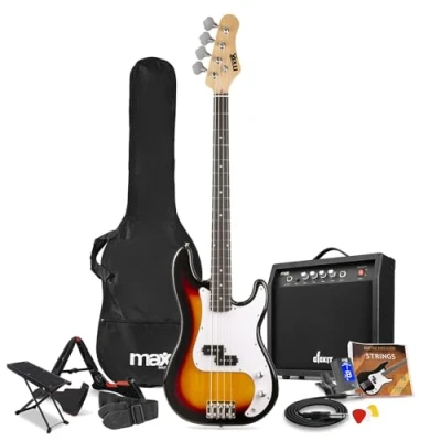 Image of Max GigKit Electric Bass Guitar Starter Kit with 40W Amplifier, Stand, Footrest, Strap, Bag, Tuner and Strings Set Full Size, Sunburst