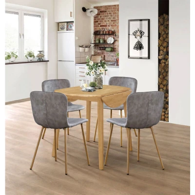 Image of Hallowood Furniture Ledbury Small Dining Table and 4 Chairs, Round Drop Leaf Grey Leather Effect Wooden Folding Chairs in Light Oak, Room Set