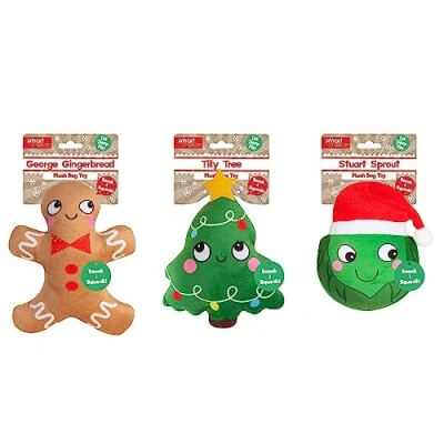 Image of YöL Pack Of 3 Plush Christmas Dog Toys Squeaker Pet Gift Sprout Xmas Tree Gingerbread Man Present Squeak