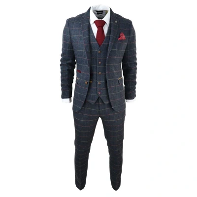 Image of Paul Andrew Mens Navy Tweed Check 3 Piece Suit Size 50 (Chest)