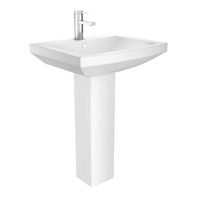 Image of Tabour Basin &amp; Pedestal Bathroom Sink Square Design 1 Tap Hole White Ceramic