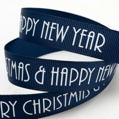 Image of Italian Options Merry Christmas Happy New Year Grosgrain Ribbon 16mm x 5M Navy