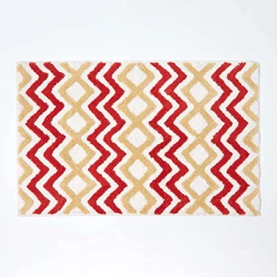 Image of HOMESCAPES Super Absorbent Soft 100% Cotton Chevron Burnt Orange and Yellow Bathmat with Geometric Pattern Non Slip Latex Backing, 50 x 80 cm Large Shower Mat Machine Washable