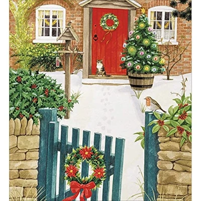 Image of Home for Christmas Cat and Robin Art Woodmansterne Pack of 5 Charity Greeting Cards 1 Design (Home Xmas)