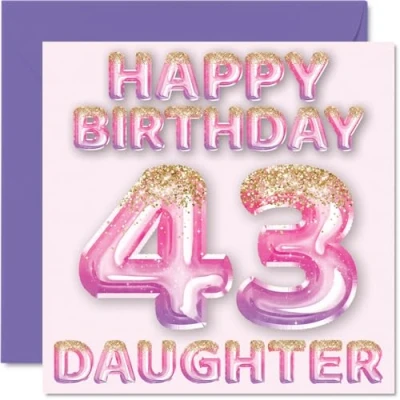Image of 43rd Birthday Card for Daughter Pink &amp; Purple Glitter Balloons Happy Cards 43 Year Old from Mum Dad Parents, 145mm x Bday Greeting Gift