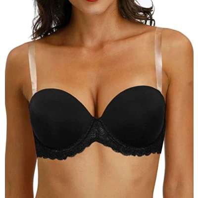 Image of Womens Strapless Underwired Bra with Lace Halter Plus Size Bras Black 36F