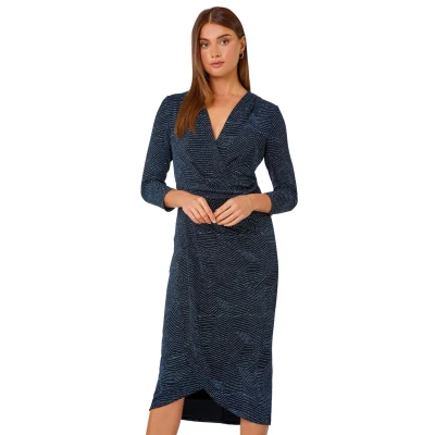Image of Roman Womens Glitter Print Wrap Midi Stretch Dress Blue Size 12 UK