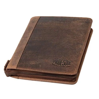 Image of Pride &amp; Soul Charon 30123 Organiser A5 Leather Zip Writing Case in Brown, Folder Approx. 27 x 20.5 cm, Conference with Mobile Phone Pocket, Pen Loop and 3 Business Card Compartments
