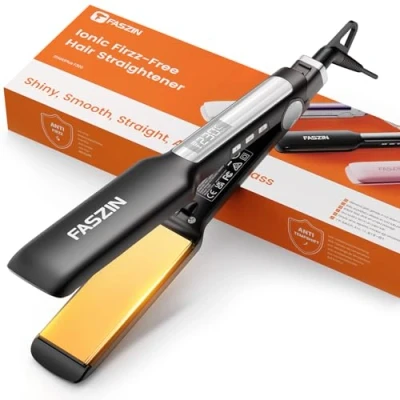 Image of Faszin Professional Hair Straightener, 42mm Wide Plate Titanium Negative Ion Flat Iron, 30s Rapid Heating, Real time Temperature Display, 11 Adjustable Levels (130 230℃) Black