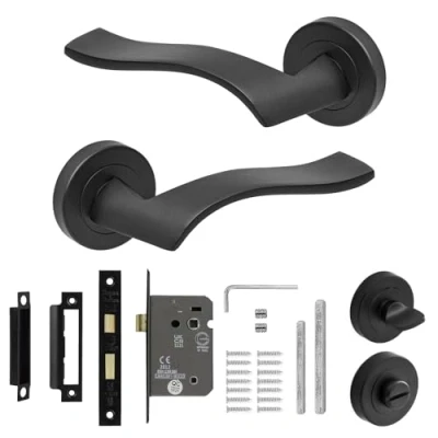 Image of Decoranddecor Matt Black Internal Door Handles Bath Lock Kit Lever On Rose with Turn and Release