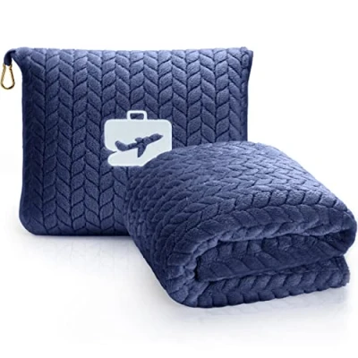 Image of EverSnug Premium Travel Blanket Pillow Soft 2 in 1 Airplane with Bag Pillowcase, Hand Luggage Sleeve and Backpack Clip (Navy Blue)
